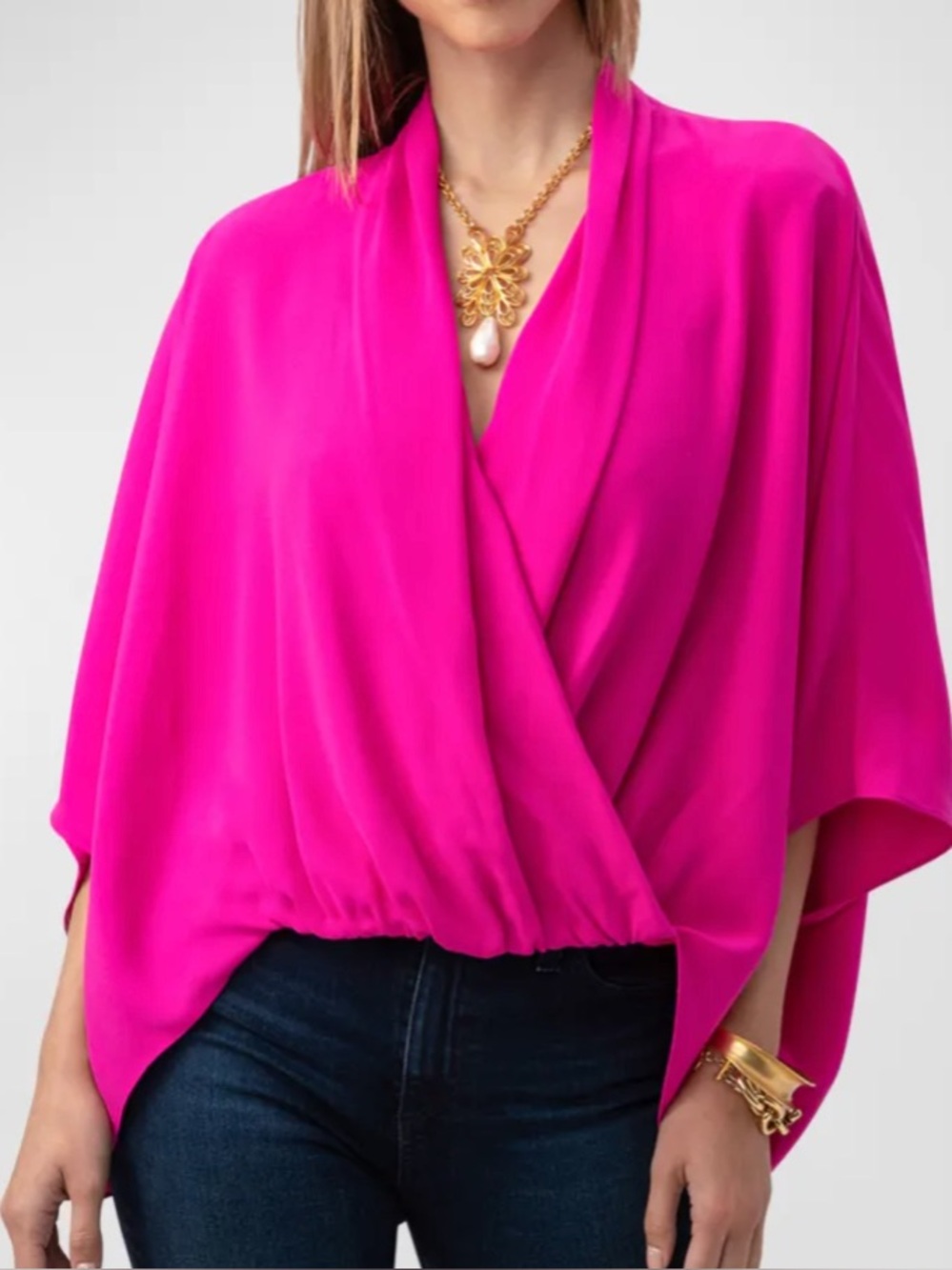 Trina Turk | Pink Draped High-Low Concourse Blouse | Twist Front | Size Medium